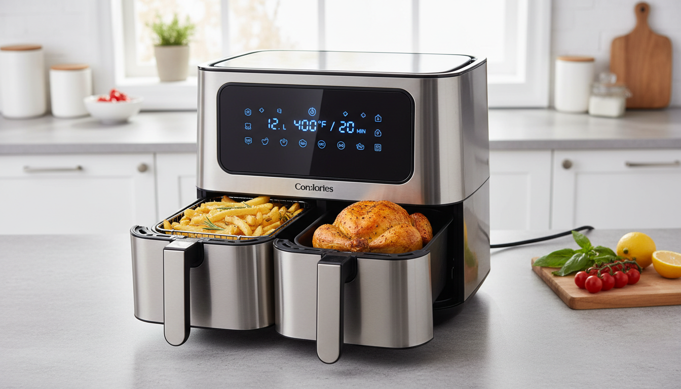 découvrez notre air fryer xxl double chambre 12l, alliant puissance et polyvalence pour une cuisson saine, rapide et simultanée de plusieurs plats.