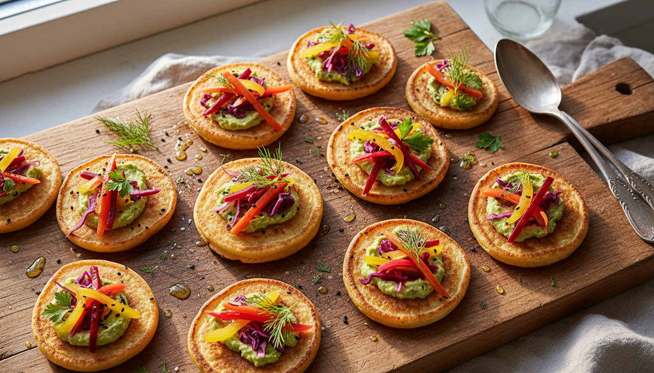 découvrez notre recette de blinis maison savoureux garnis de légumes marinés et accompagnés d'une tartinade végétale gourmande pour un repas sain et délicieux.