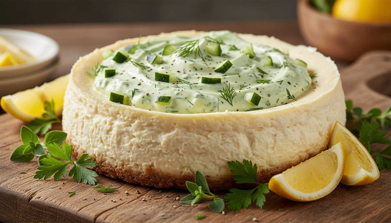 découvrez notre cheesecake salé léger et gourmand, sublimé par une touche de tzatziki revisité pour une explosion de saveurs méditerranéennes.