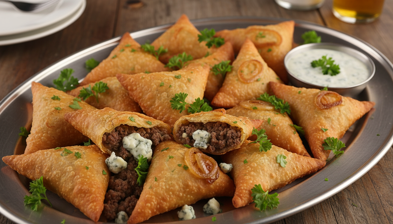 découvrez nos samoussas au bœuf et fromage bleu, un apéritif audacieux qui marie saveurs originales et gourmandise pour ravir vos papilles.