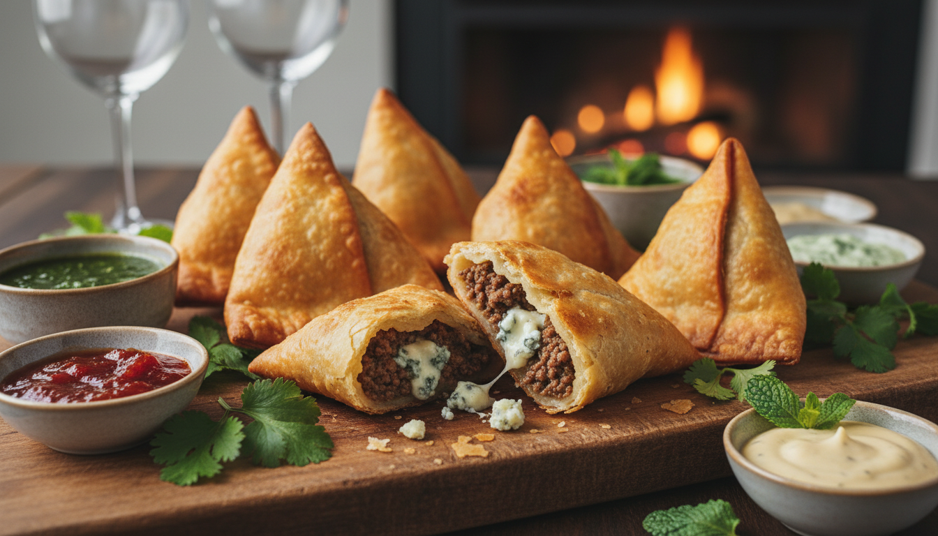 découvrez nos samoussas au bœuf et fromage bleu, un apéritif original qui allie saveurs audacieuses et gourmandise pour surprendre vos invités.