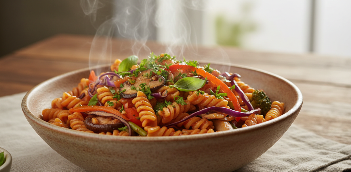 découvrez une recette rapide et saine de poêlée de pâtes aux légumes frais, mêlant chou croquant et champignons savoureux pour un repas gourmand et équilibré.