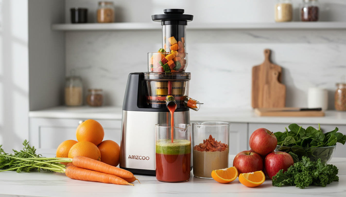 amzcoo slow juicer : profitez d'un extracteur de jus à froid performant pour des boissons saines et pleines de saveurs, alliant puissance et douceur d'extraction.