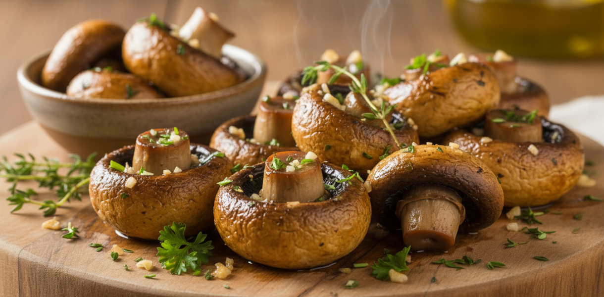 découvrez des champignons rôtis à l’ail et aux fines herbes, un apéritif chaud, fondant et croustillant, parfait pour régaler vos invités lors de vos moments conviviaux.