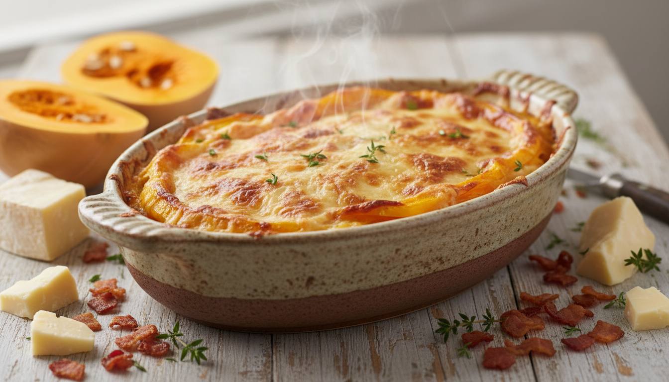 découvrez la courgiflette à la butternut, un gratin fondant et réconfortant revisité façon tartiflette, alliant douceur de la courge et saveurs savoyardes pour un plat gourmand et original.