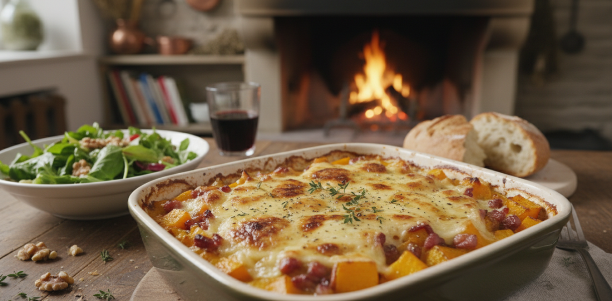 découvrez la courgiflette à la butternut, un gratin fondant et réconfortant qui revisite la traditionnelle tartiflette avec douceur et saveurs automnales.