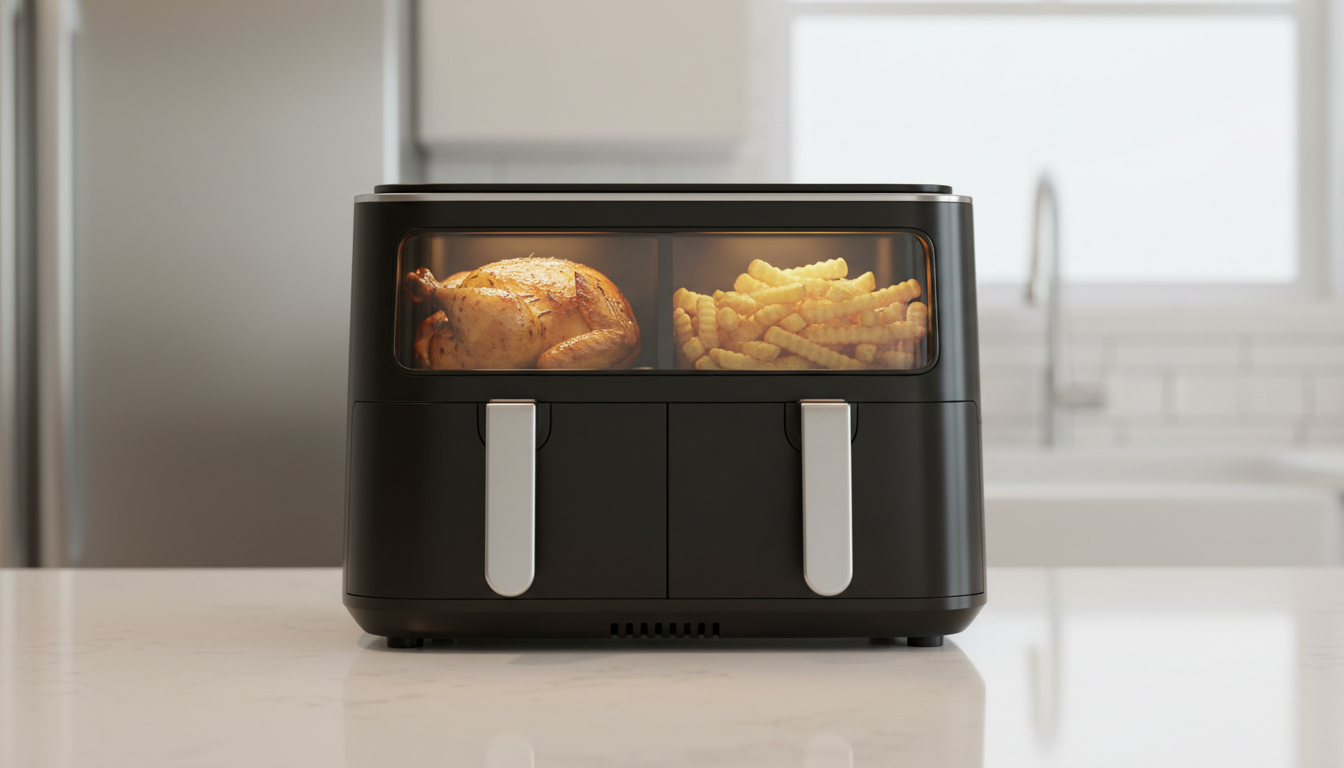 découvrez l'efficacité de la friteuse sans huile oqcsuat 10l avec son double compartiment pratique, testée en conditions réelles pour des fritures saines et savoureuses.