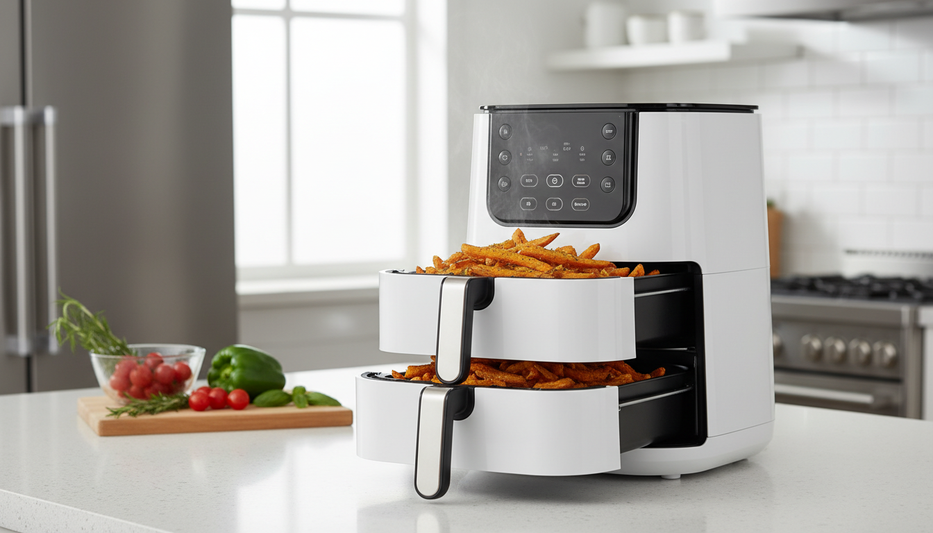 découvrez la friteuse ninja double stack xl sl400euwh, offrant une capacité de 9,5 l pour une cuisson saine sans huile. profitez de repas savoureux et croustillants grâce à sa technologie innovante et sa grande capacité.