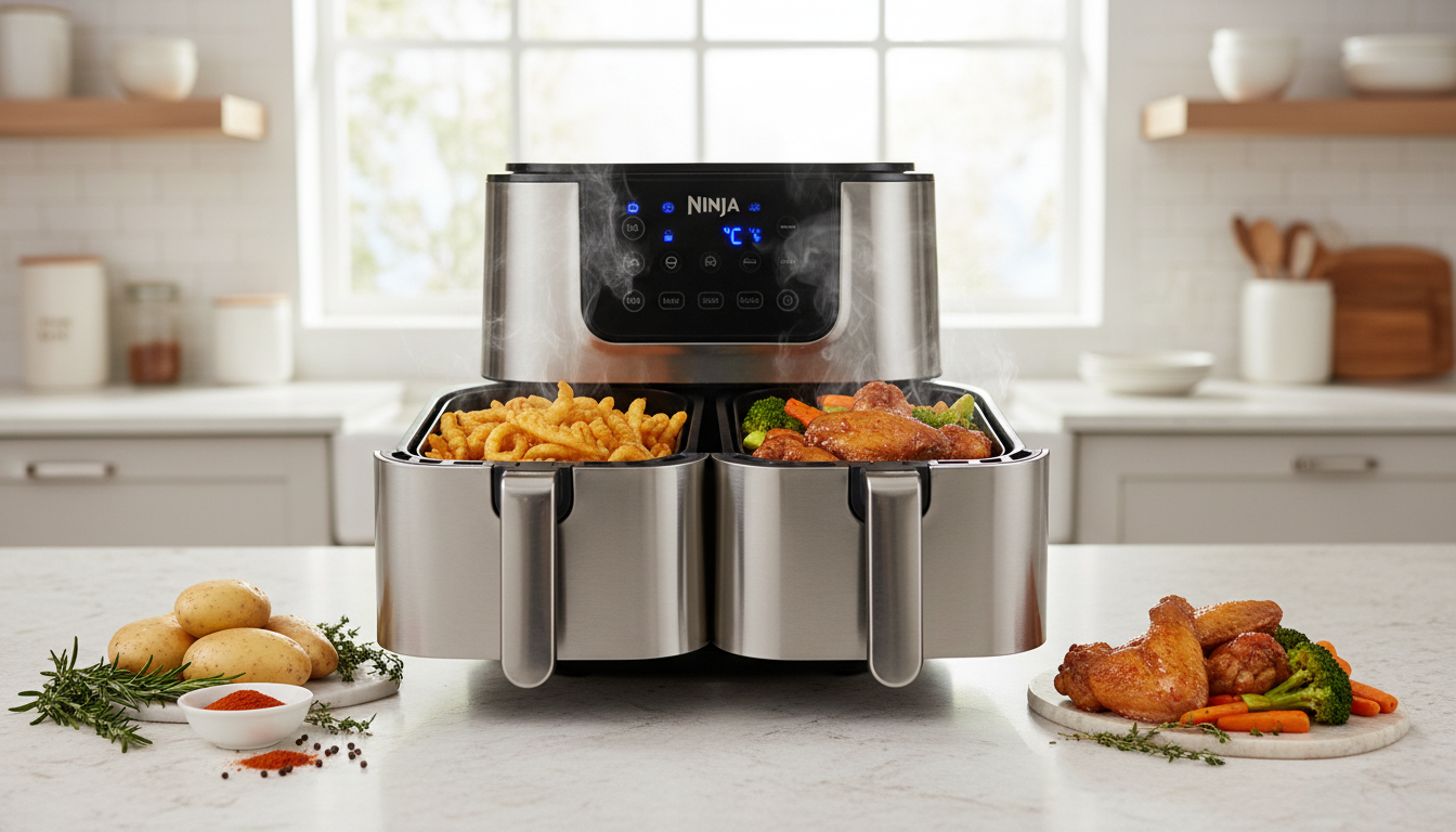 découvrez la friteuse à air double cuve xl ninja 9,5l, idéale pour préparer facilement des repas savoureux et sains grâce à sa grande capacité et sa puissance optimale.