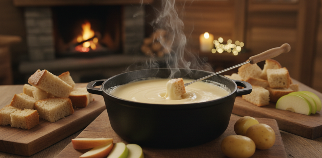 découvrez notre fondue suisse légère et savoureuse, préparée avec un délicieux mélange de gruyère et vacherin, parfaite pour un repas convivial et gourmand.