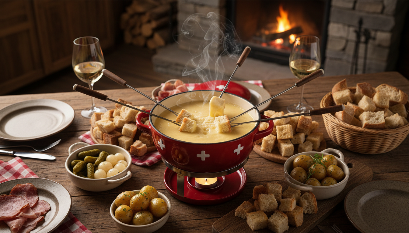 découvrez notre fondue suisse légère et savoureuse, préparée avec un mélange parfait de gruyère et vacherin pour un repas convivial et fondant.