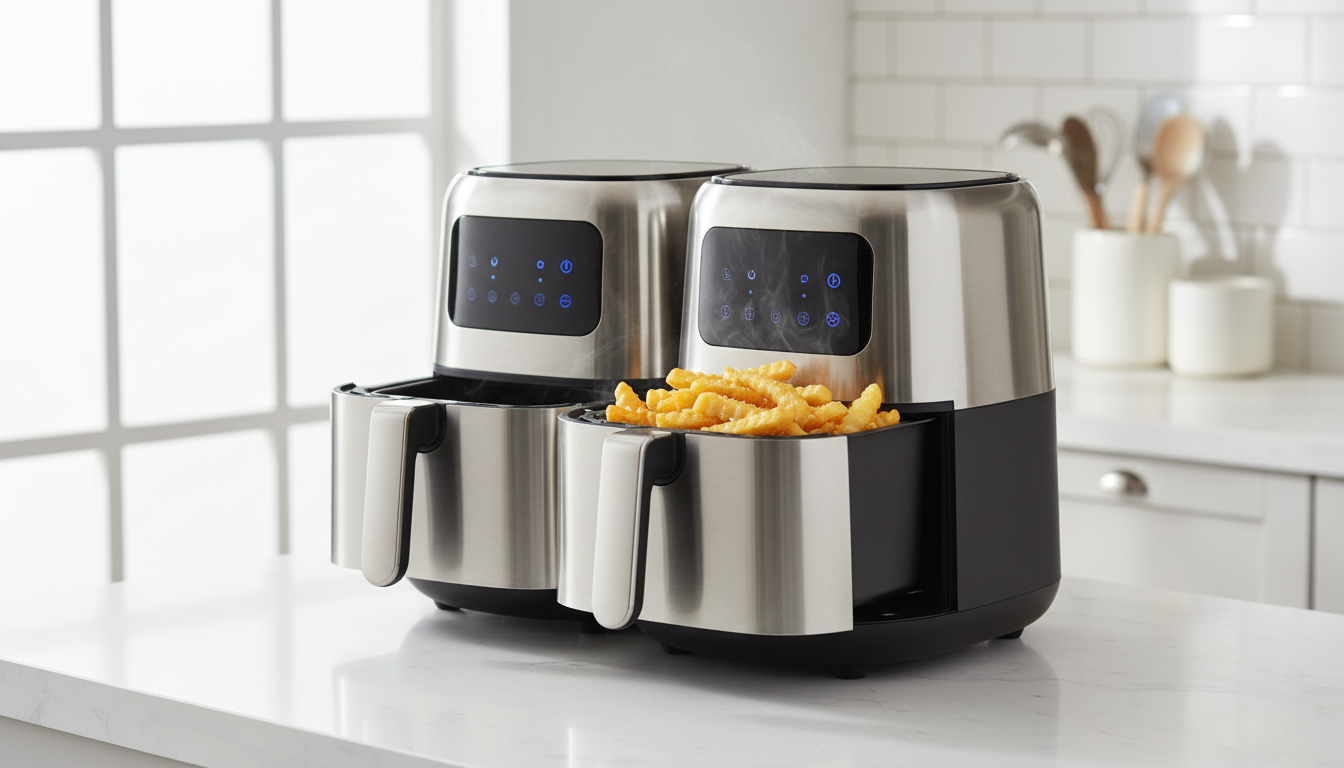 découvrez notre friteuse à air 10l avec double compartiment et 2600w de puissance pour une cuisson rapide, saine et polyvalente. idéale pour préparer plusieurs plats simultanément avec efficacité.