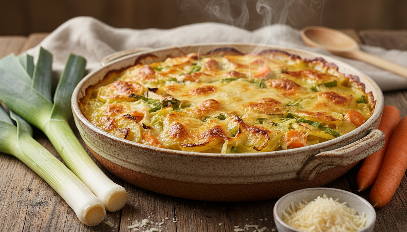 découvrez notre recette facile et rapide de gratin fondant aux pommes de terre, poireaux et carottes, pour un plat doré et savoureux qui réchauffe vos repas.