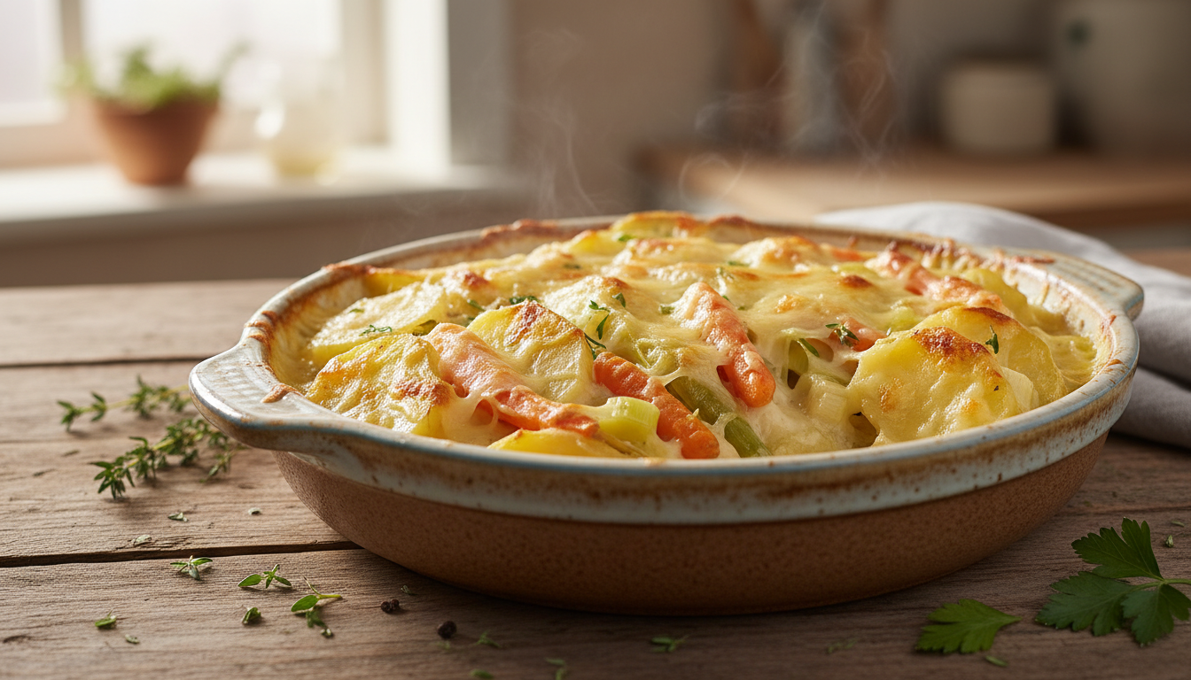 découvrez notre recette facile et savoureuse de gratin fondant aux pommes de terre, poireaux et carottes, parfait pour des repas gourmands et dorés au quotidien.