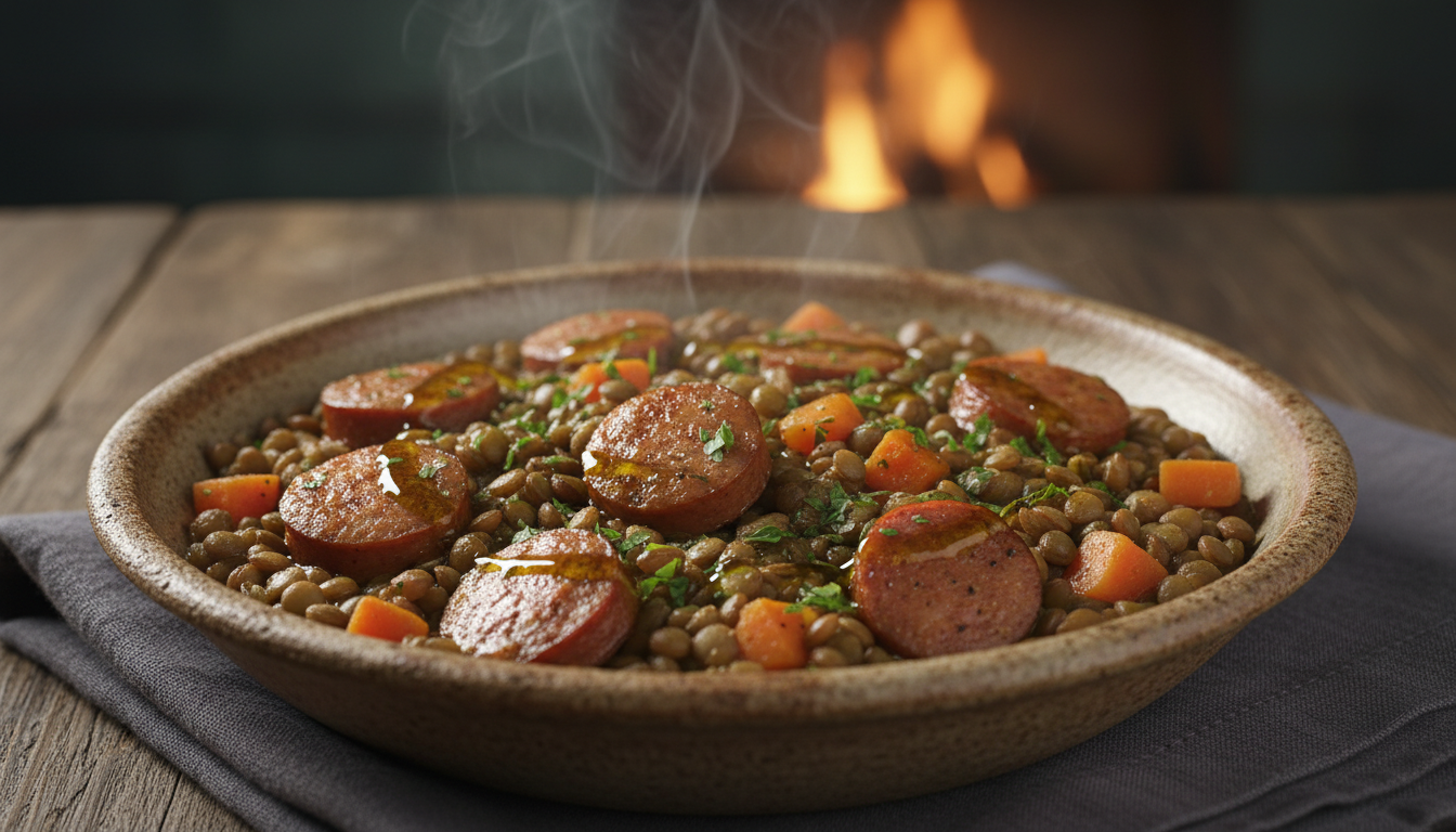 découvrez notre recette hivernale réconfortante de lentilles mijotées aux carottes et saucisse fumée, un dîner savoureux et rapide à préparer pour des soirées chaleureuses.