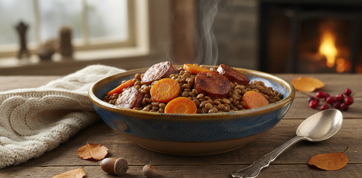 découvrez notre recette hivernale réconfortante : lentilles mijotées aux carottes et saucisse fumée, un dîner savoureux et rapide à préparer pour réchauffer vos soirées.