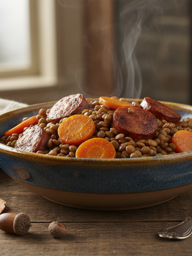 découvrez notre recette hivernale réconfortante : lentilles mijotées aux carottes et saucisse fumée, un dîner savoureux et rapide à préparer pour réchauffer vos soirées.