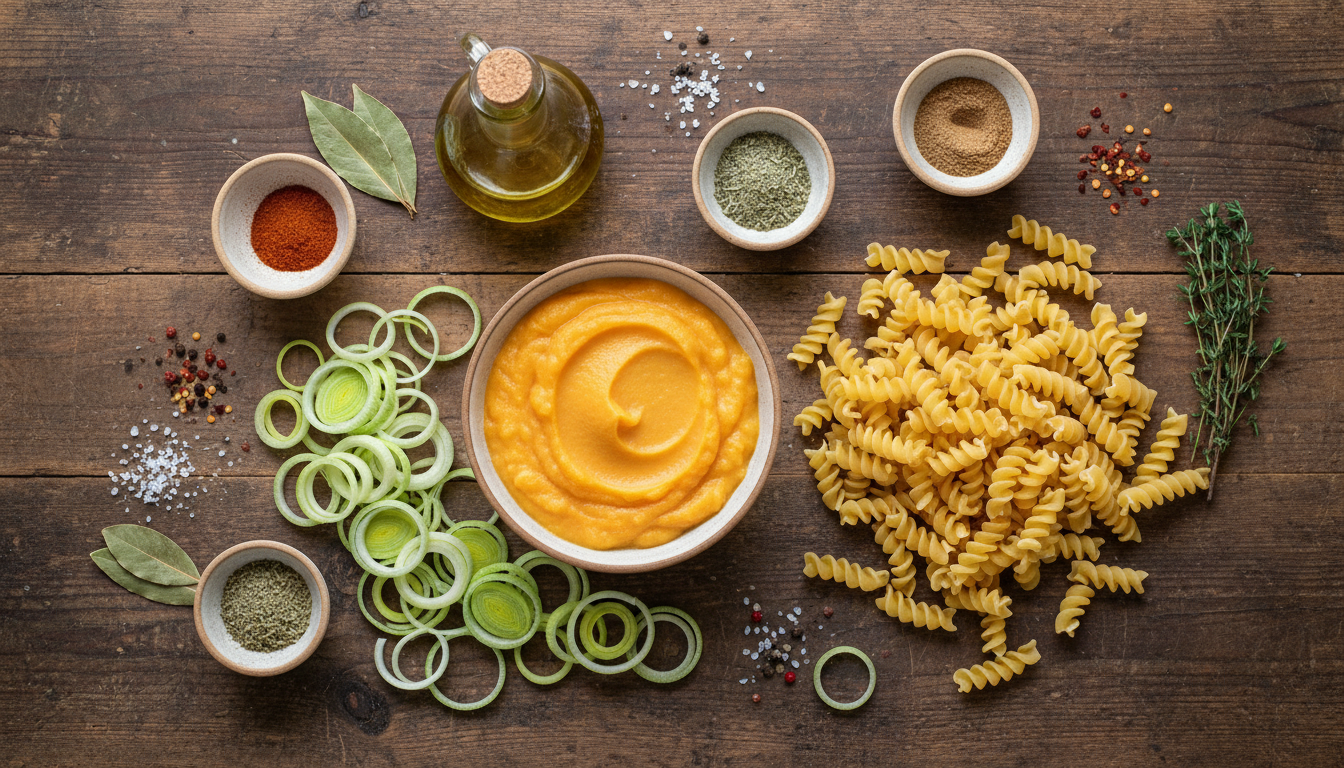 découvrez une recette gourmande de pâtes aux poireaux, enrichies d'une sauce onctueuse à la courge butternut et au fromage frais pour un plat savoureux et réconfortant.