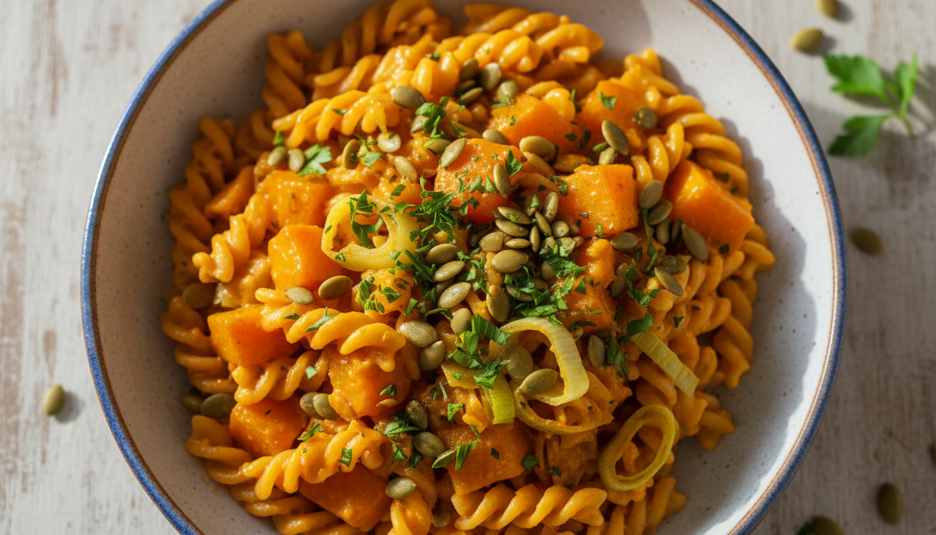 découvrez une recette gourmande de pâtes savoureuses aux poireaux, rehaussées d'une sauce crémeuse à la courge butternut et au fromage frais, pour un plat réconfortant et plein de saveurs.