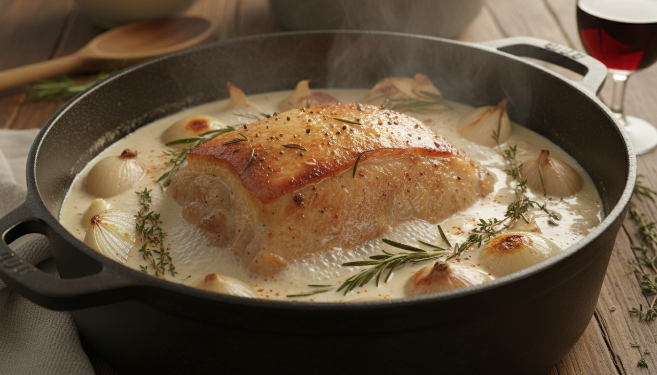 découvrez notre recette de rôti de porc fondant mijoté au lait, une viande tendre et savoureuse à déguster à la cuillère pour un véritable plaisir gourmand.