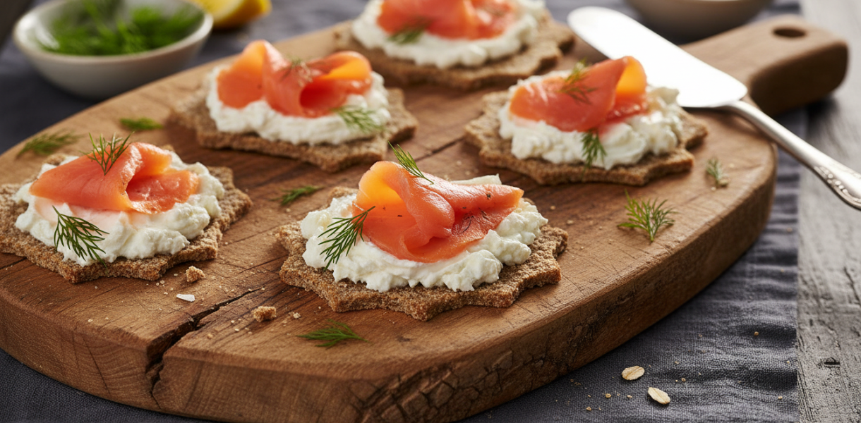 découvrez nos crackers légers et croquants, garnis de saumon fumé délicat et de fromage frais onctueux, pour une dégustation savoureuse et raffinée.