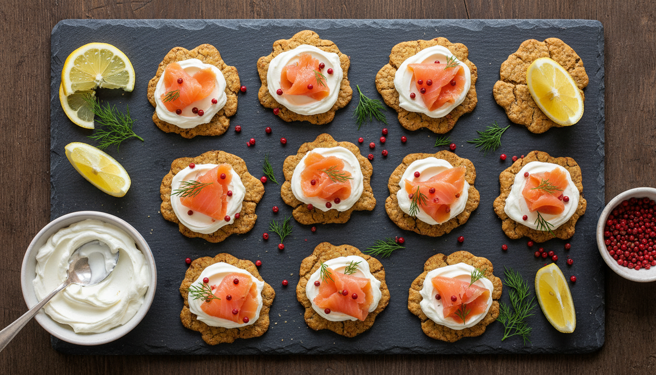 découvrez nos crackers légers aux saveurs croquantes, garnis de saumon fumé exquis et de fromage frais crémeux pour une expérience gourmande délicate et raffinée.