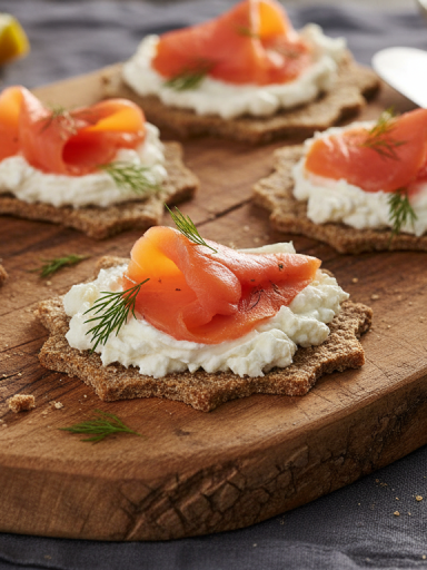 découvrez nos crackers légers et croquants, garnis de saumon fumé délicat et de fromage frais onctueux, pour une dégustation savoureuse et raffinée.