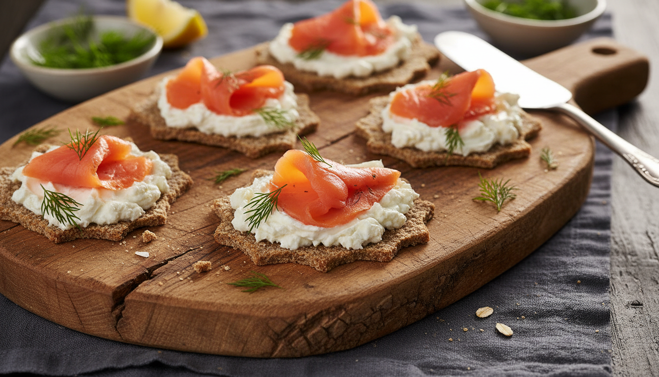 Saveurs croquantes : Crackers légers garnis de saumon fumé et de fromage frais crémeux