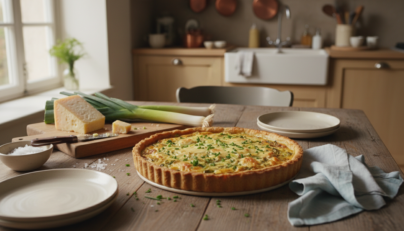 découvrez notre tarte rustique aux poireaux et comté, un plat savoureux et convivial qui ravira toute la famille, des plus petits aux plus grands.
