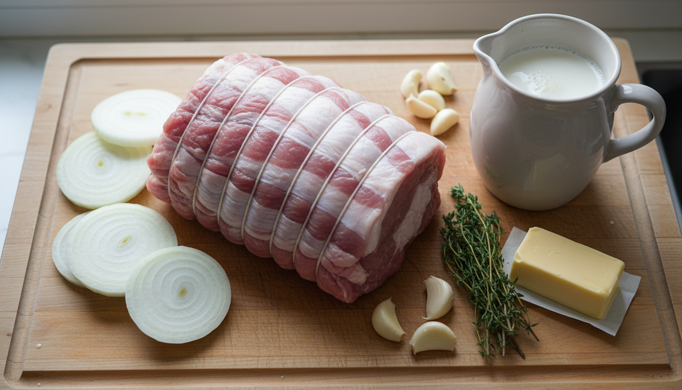 découvrez un rôti de porc tendre cuit au lait, à savourer à la cuillère pour une explosion de fondant et de saveurs délicates.