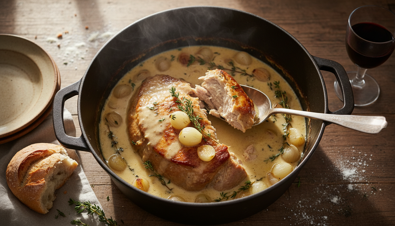 découvrez un rôti de porc tendre et fondant, doucement cuit au lait, à savourer à la cuillère pour un délicieux moment de gourmandise.
