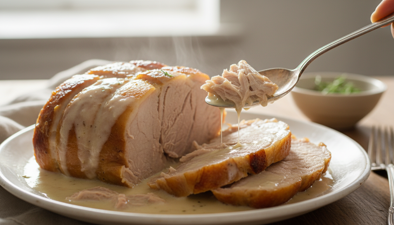 découvrez notre recette de rôti de porc tendre cuit au lait, une gourmandise à savourer à la cuillère pour un fondant exceptionnel et des saveurs délicates.