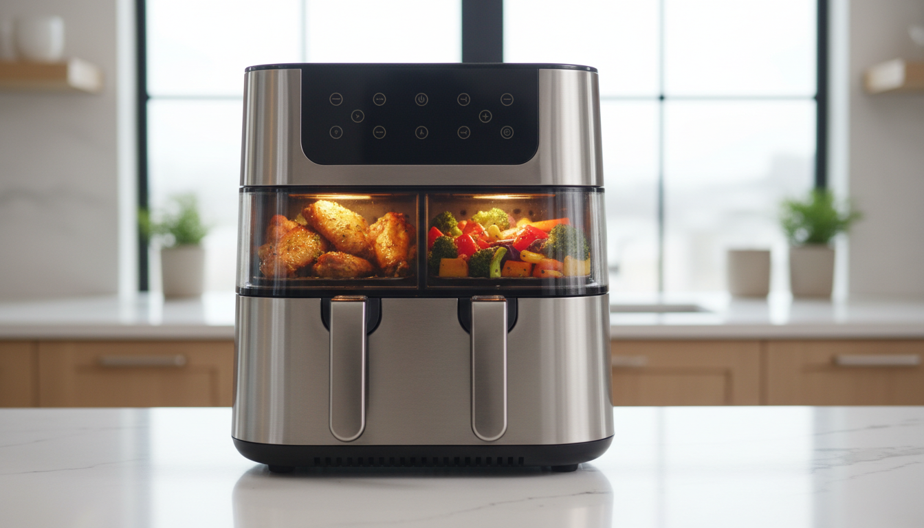 découvrez la friteuse à air gourmetmaxx fryup xl avec double chambre pour une cuisson rapide, saine et savoureuse. parfaite pour préparer plusieurs plats simultanément avec facilité.