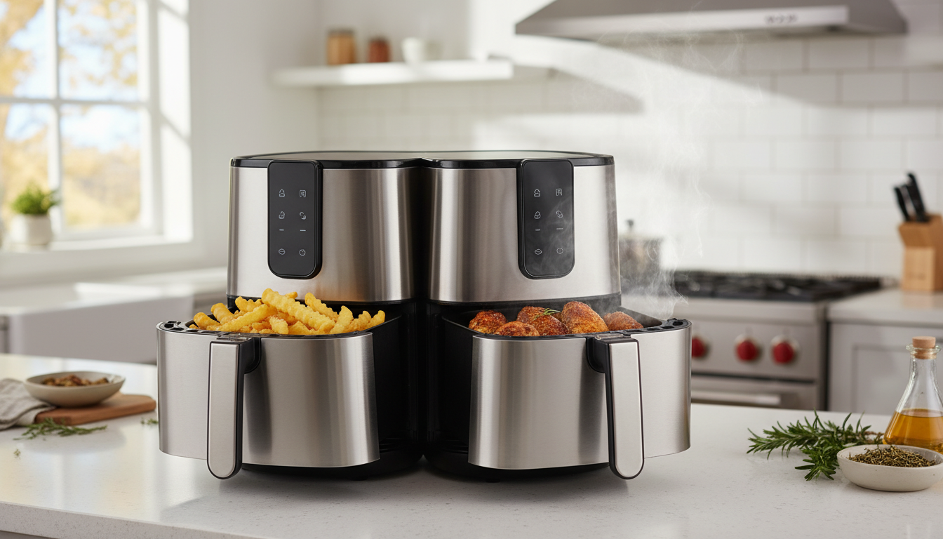 découvrez la friteuse à air gourmetmaxx fryup xl avec sa double chambre unique, idéale pour une cuisson rapide, saine et savoureuse de vos plats préférés.