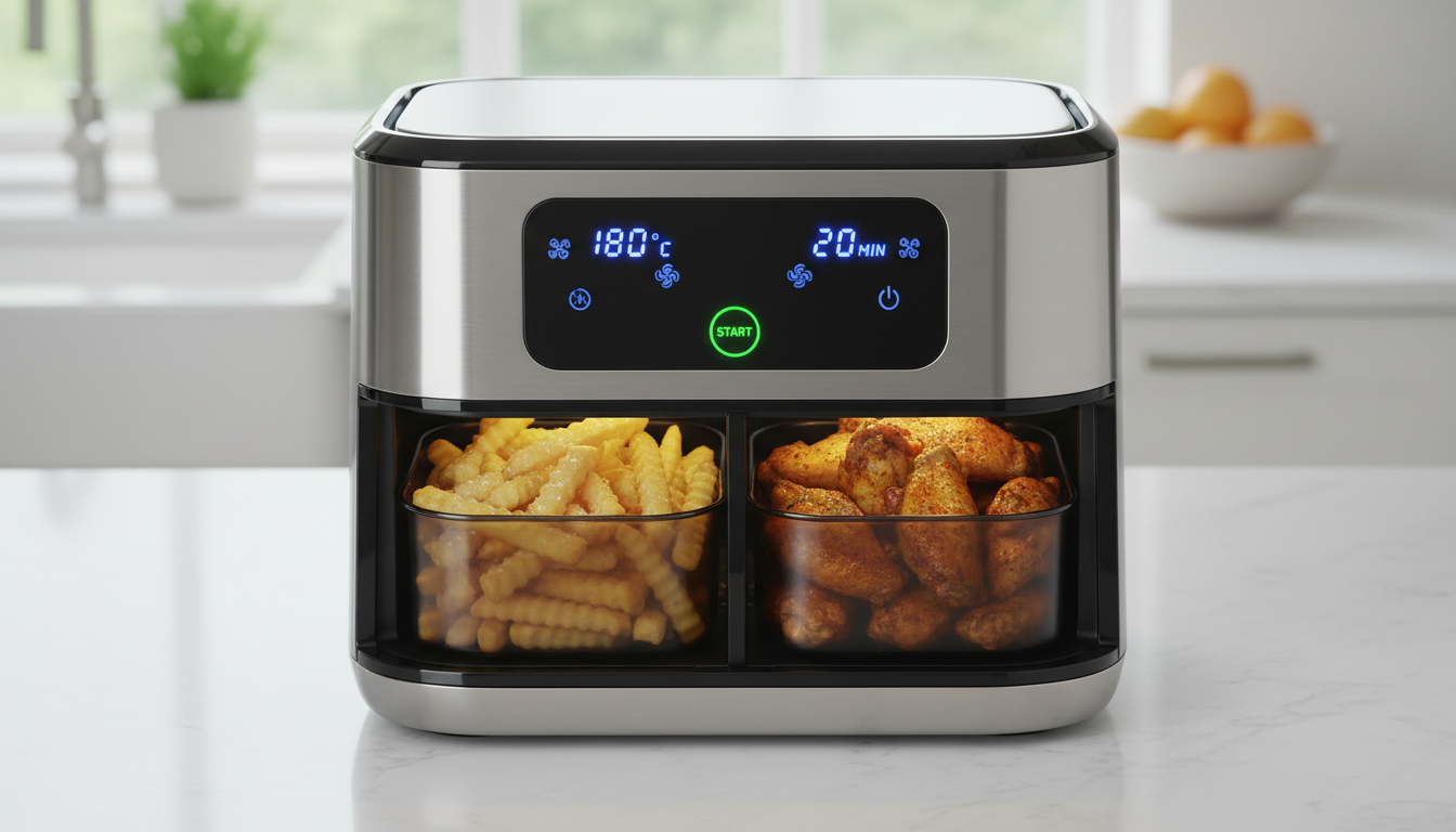 découvrez le air fryer xxl 12l avec ses deux compartiments pour une cuisson rapide et simultanée de vos plats préférés. profitez d'une cuisine saine et efficace chez vous !