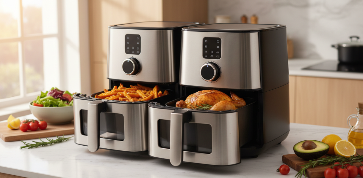 découvrez le air fryer xxl 12l avec ses deux compartiments pour une cuisson double, rapide et saine. idéal pour cuisiner plusieurs plats en même temps avec saveur et simplicité.