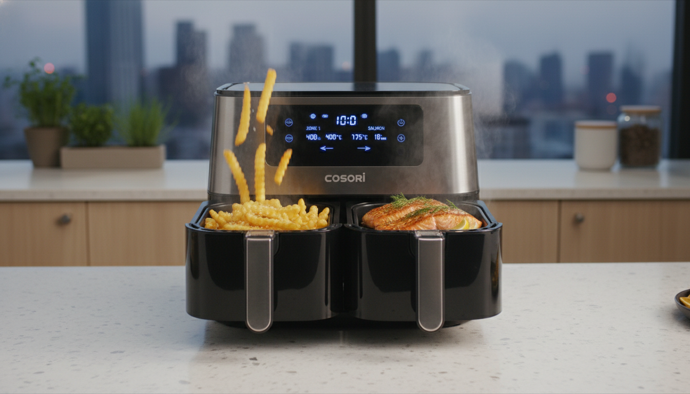 découvrez notre essai complet de la friteuse sans huile cosori air fryer twinfry 10l, dotée d'une commande intelligente pour une cuisson saine et facile. parfaite pour préparer des repas savoureux avec moins de matières grasses.