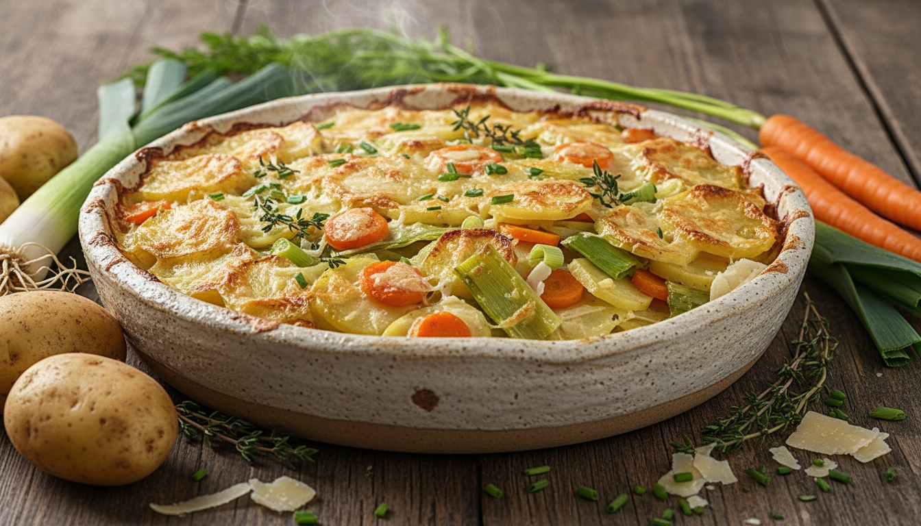découvrez notre recette facile et rapide de gratin fondant aux pommes de terre, poireaux et carottes, un plat doré et savoureux parfait pour toute occasion.