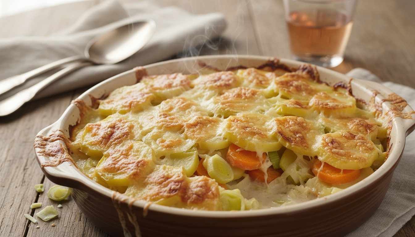découvrez notre recette facile et gourmande de gratin fondant aux pommes de terre, poireaux et carottes, parfait pour un plat doré et savoureux.
