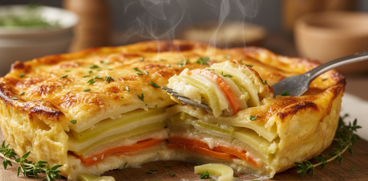 découvrez notre recette simple et savoureuse de gratin fondant aux pommes de terre, poireaux et carottes, parfaitement doré pour régaler toute la famille.