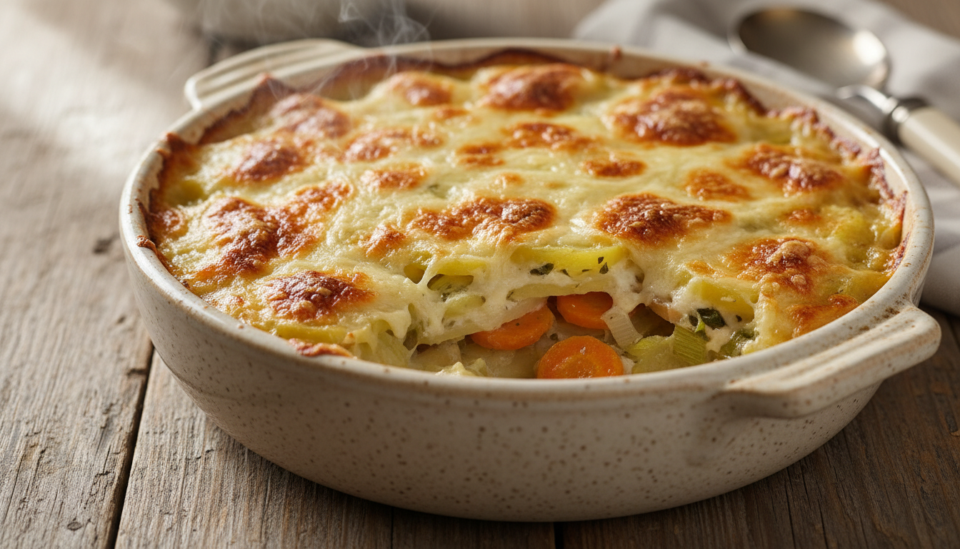 découvrez notre recette simple et savoureuse de gratin fondant aux pommes de terre, poireaux et carottes, pour un plat doré à la perfection et réconfortant.