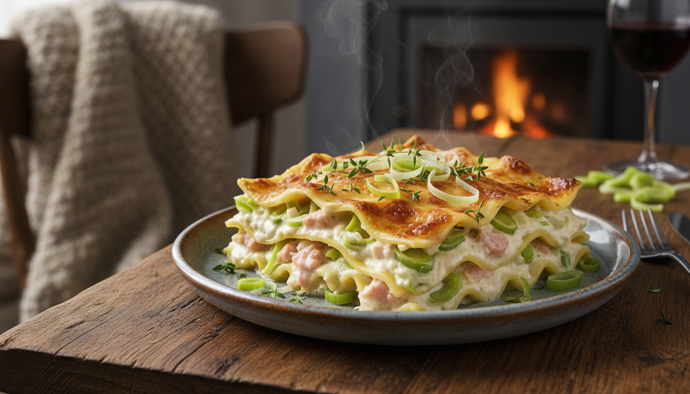 découvrez notre recette de lasagnes crémeuses au poireau et truite fumée, le festin hivernal parfait alliant saveurs délicates et confort gourmand pour un repas raffiné.