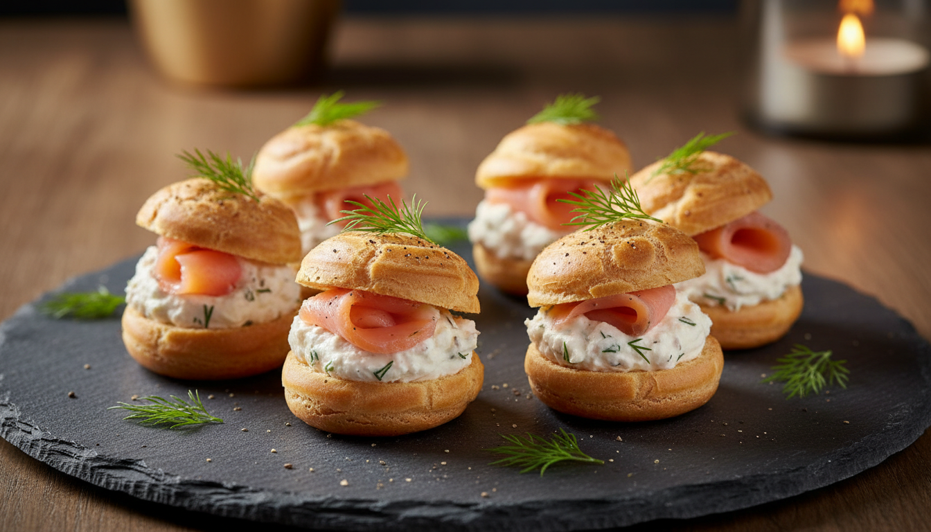 découvrez nos profiteroles légères garnies de fromage frais et de saumon fumé, une alliance parfaite de fraîcheur et d'élégance gourmande pour vos apéritifs raffinés.