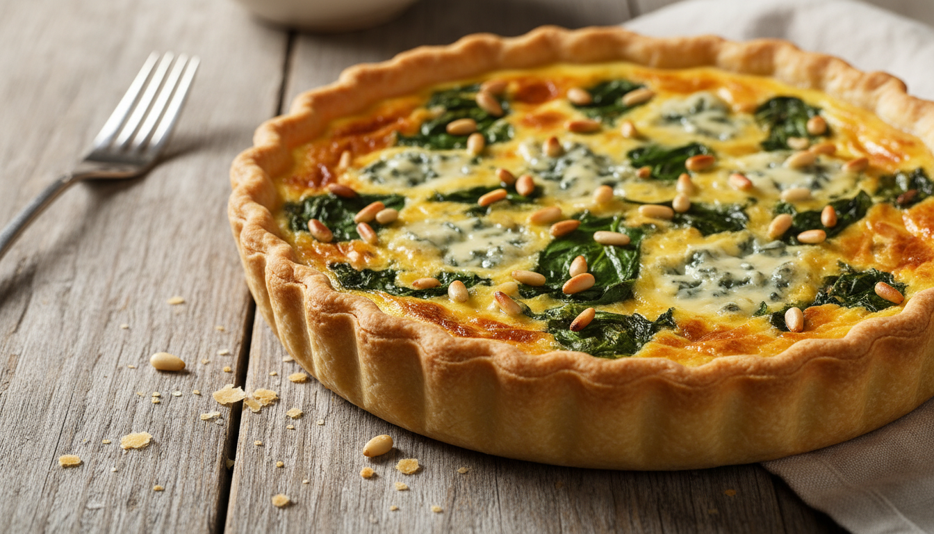 découvrez notre recette facile et inratable de quiche au fromage bleu, agrémentée d'épinards frais et de pignons croquants pour un équilibre parfait de saveurs.