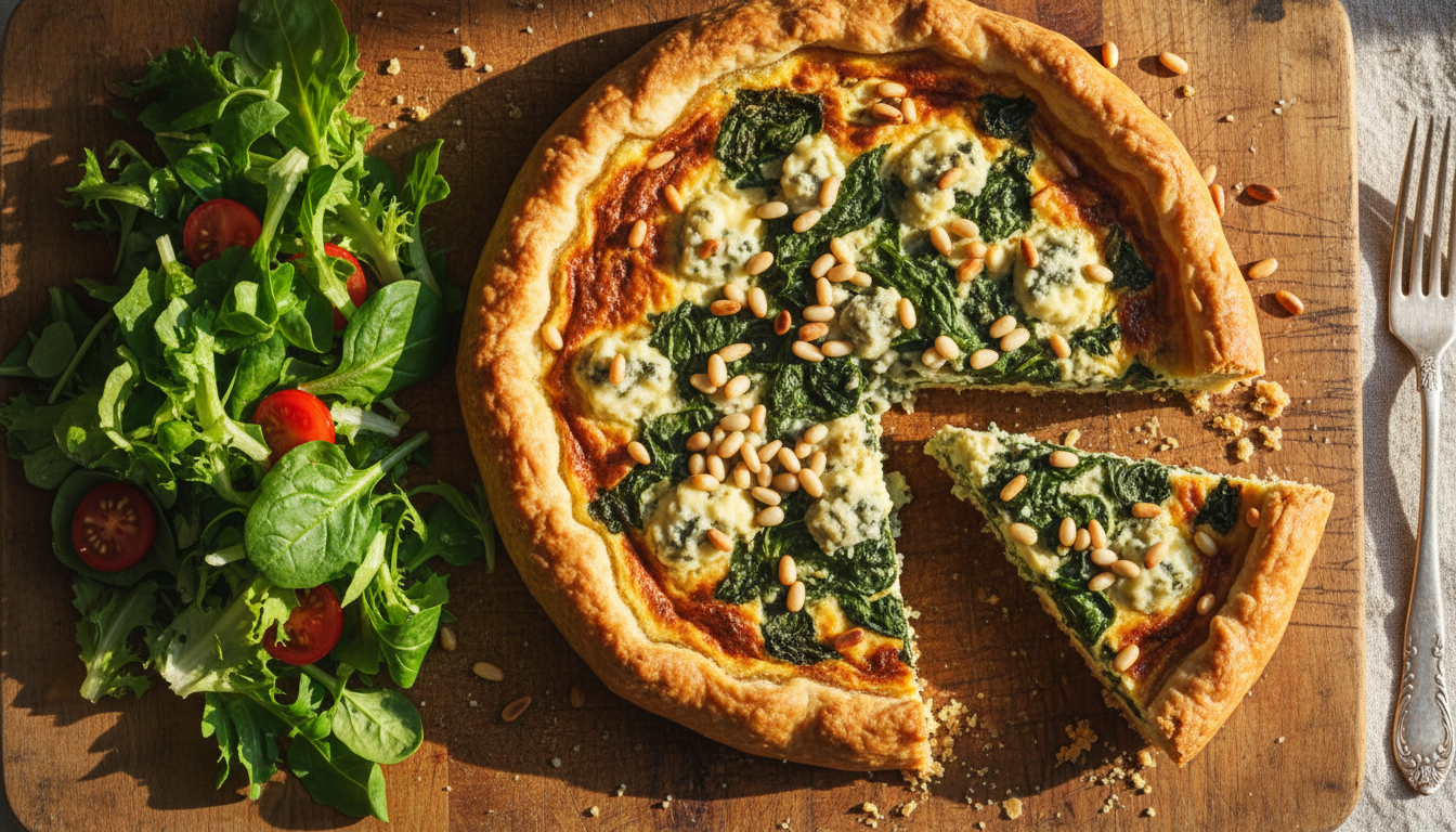 découvrez notre recette facile et délicieuse de quiche inratable au fromage bleu, épinards frais et pignons croquants, parfaite pour un repas savoureux et rapide.