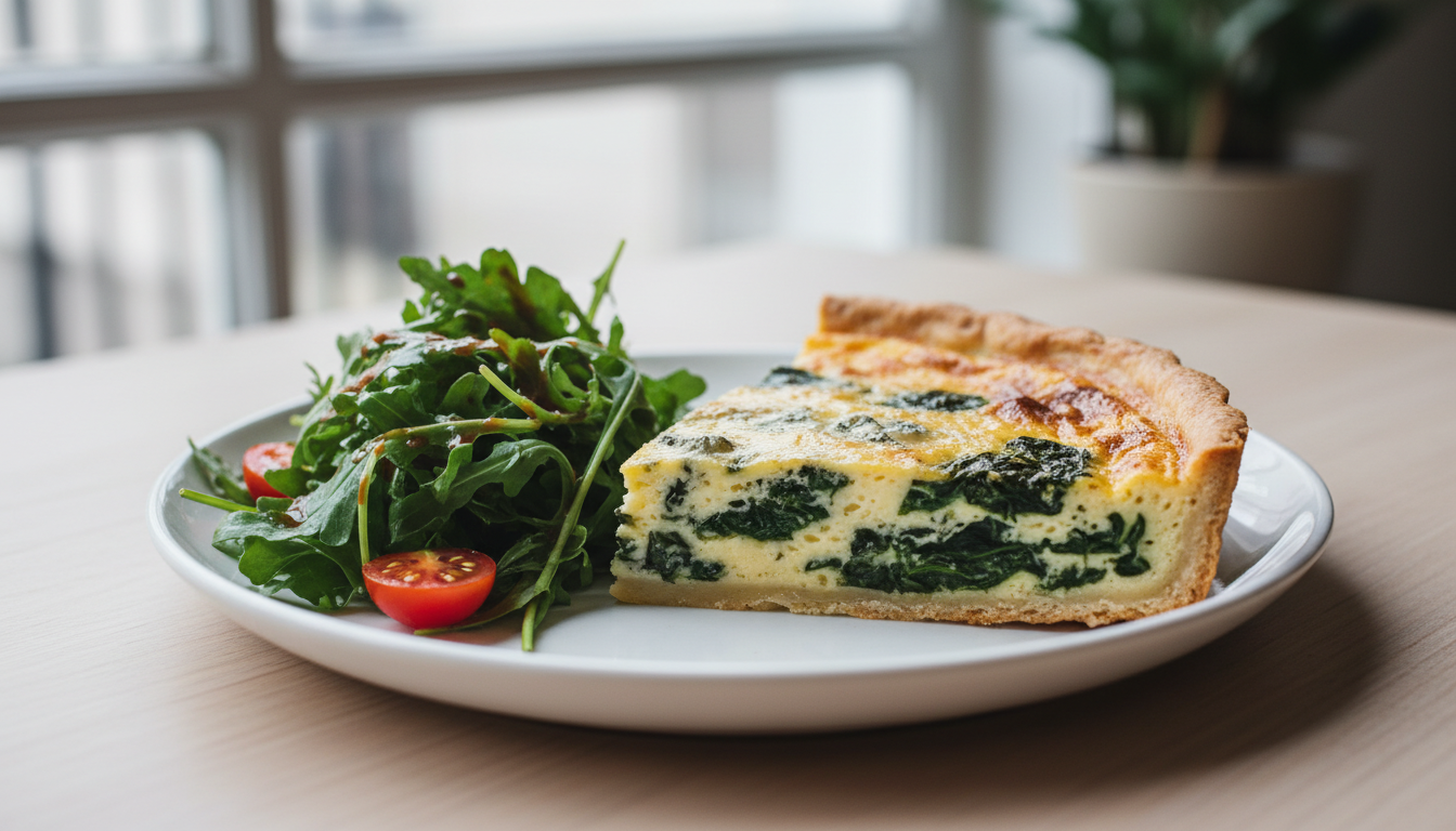 Quiche inratable au fromage bleu, épinards frais et pignons croquants
