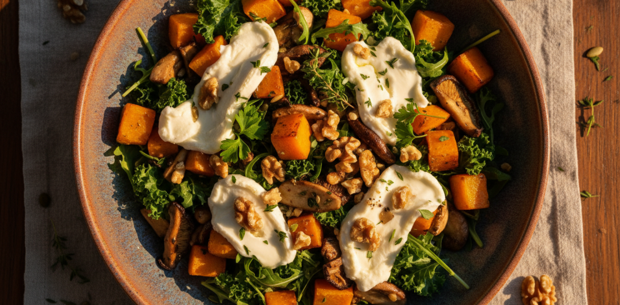 découvrez la saveur chaleureuse de l'automne avec notre salade riche en butternut rôti et champignons garnis de fromage fondant, une recette gourmande et réconfortante.