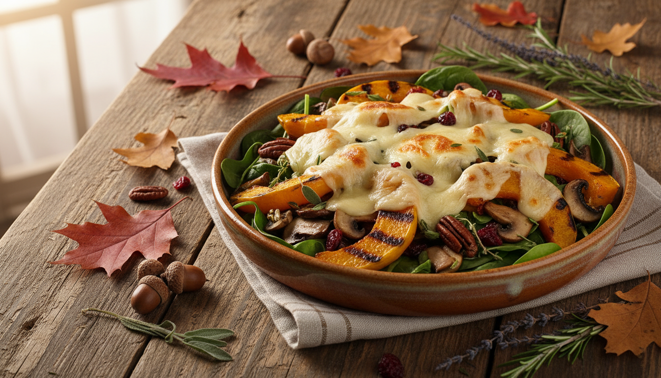 découvrez notre salade d'automne gourmande alliant butternut rôtie, champignons savoureux et fromage fondant pour une explosion de saveurs réconfortantes.