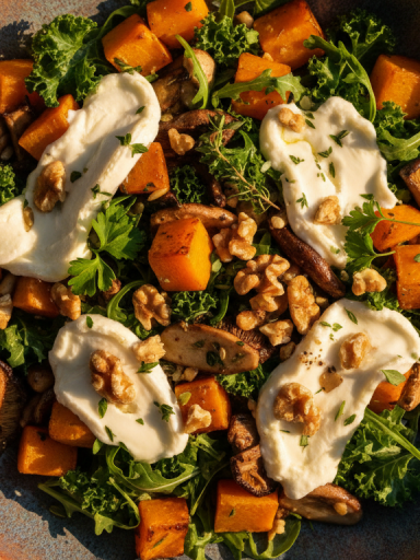 découvrez la saveur chaleureuse de l'automne avec notre salade riche en butternut rôti et champignons garnis de fromage fondant, une recette gourmande et réconfortante.