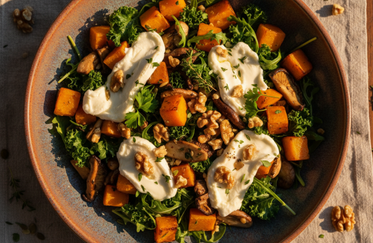 découvrez la saveur chaleureuse de l'automne avec notre salade riche en butternut rôti et champignons garnis de fromage fondant, une recette gourmande et réconfortante.
